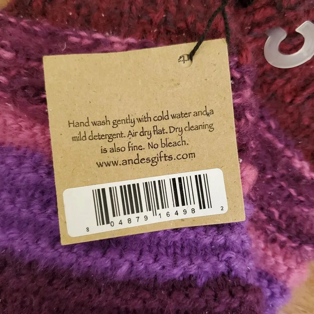 ANDES GIFTS Fingerless Gloves Red Pink Purple Striped Knit Handmade Alpaca Blend